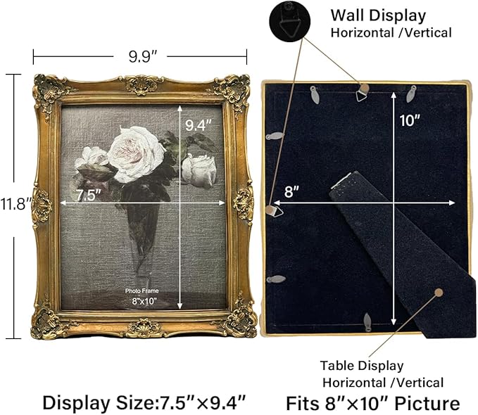CISOO 8x10 Vintage Picture Frame, Antique Ornate Bronze Gold Photo Frame, for Table Top and Wall Display, Decorative Floral Design Retro Home Decor, Photo Gallery Art