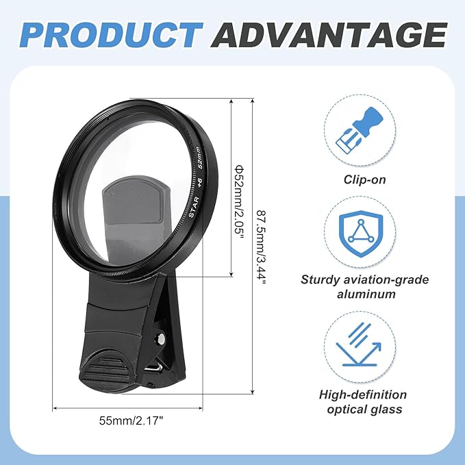 PATIKIL 52mm Phone Camera Lens, Clip-On 6 Point Star Filter Circular Polarizing Lens for Most Smart Phones and DSLR Cameras, Black