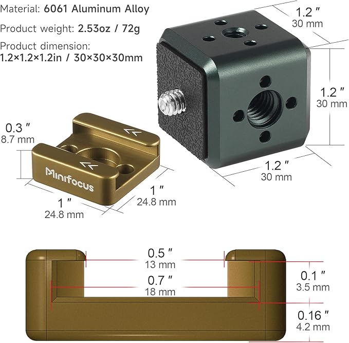 MINIFOCUS Multi-Hole Screws Adapter with Cold Shoe Mounts, Aluminum Thread Mounting Post/Block with 1/4'' & 3/8'' Thread Hole and Arri-locating Hole for Tripod, Magic Arm, Microphone, Camera Cage