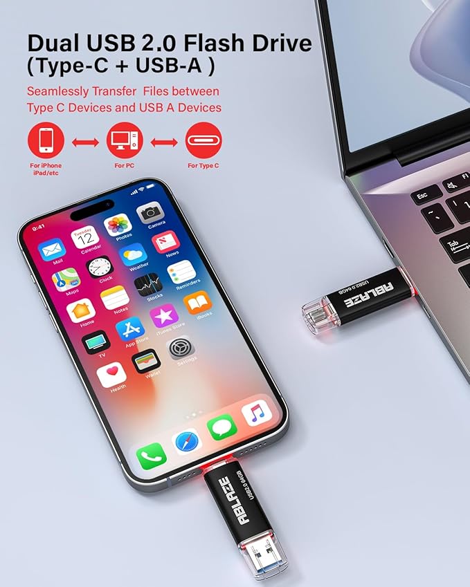 ABLAZE 64GB Type C Flash Drive 10 Pack, Dual USB 2.0+USB C Memory Stick Thumb Drive Compatible with iPhone 17/16/15, Android Smartphone, Computers,Tablets, Mac,iPad,PC