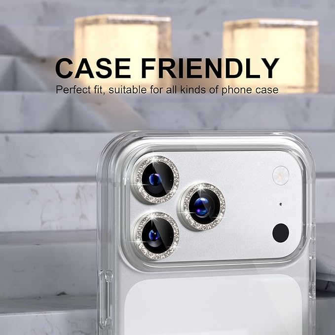Choiche Compatible for iPhone 17 Pro/iPhone 17 Pro Max Camera Lens Protector Bling, 9H Tempered Glass Camera Cover Screen Protector Metal Ring Decoration Accessories (Glitter-Titanium Natural)