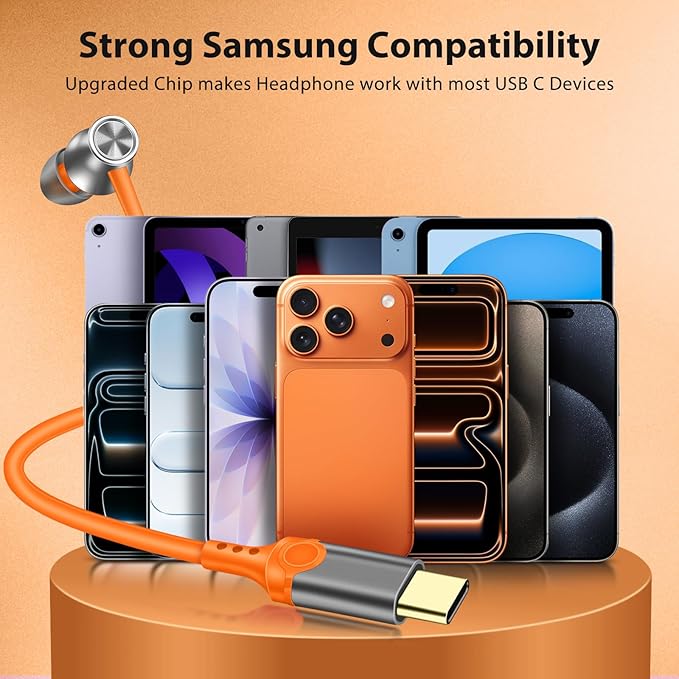 Jiunai USB C Earbuds for Samsung S26 Wired Headphones with USB C Plug in Ear Magnetic Stereo Remote Control Corded Type C Earphones for iPhone 17 16 15 Galaxy S25 S24 Pixel 10 for iPad Pro Orange Grey