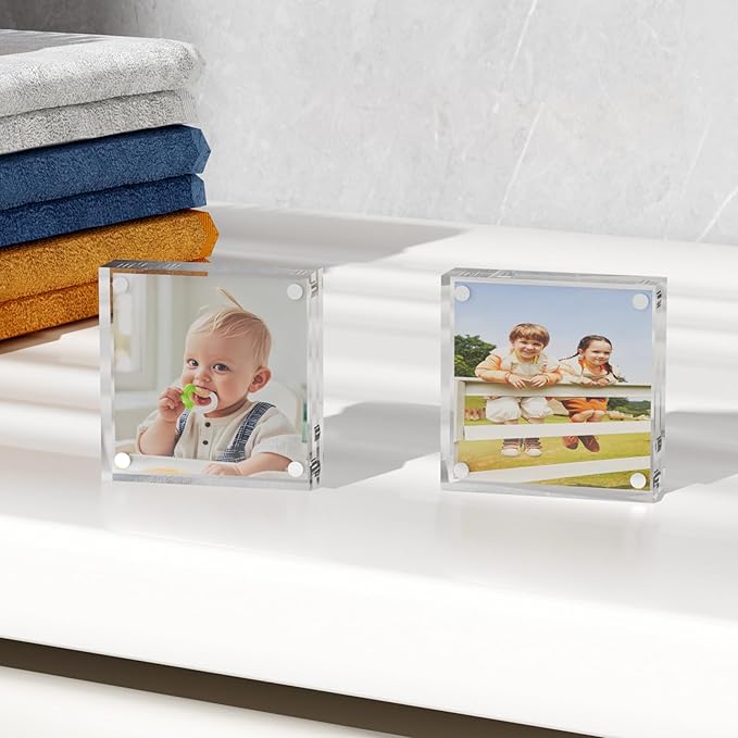 RPSENNA Mini Picture Frame 3x3 inch Acrylic Magnetic Photo Card Frame 20mm Thick Double SidedDesktop Display Frames for Cards Photos Office Home Decor 2 PCS