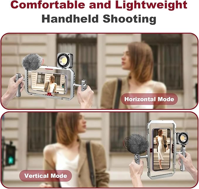 Magnetic Phone Cage with Handle,Smartphone Cage Kit with 360° Rotation Handgrip and Magnetic Sticker for Photography,Compatible with iPhone 17/16/15/14/13 Series and Andriod Phones (Silver+Red)