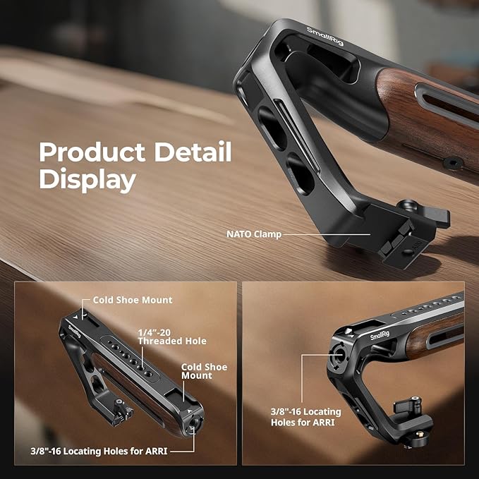 SmallRig Wooden Top Handle with NATO Clamp & NATO Rail, Wooden Top Handle for Camera Cage, Load Capacity up to 15kg / 33.1lb, 3/8"-16 Locating Holes for ARRI & 1/4''-20 Threaded Holes - 5251
