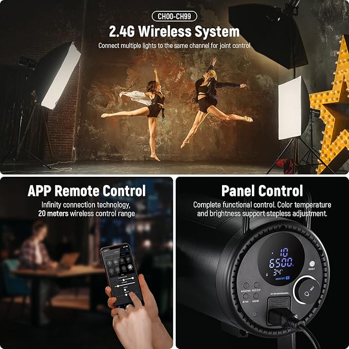 NEEWER CB200B 210W LED Video Light with 2.4G/APP Remote Control, All Metal Bi Color COB Continuous Output Lighting with Bowens Mount 90000Lux/1m 2700K-6500K CRI/TLCI97+ 12 Effects for Video Recording
