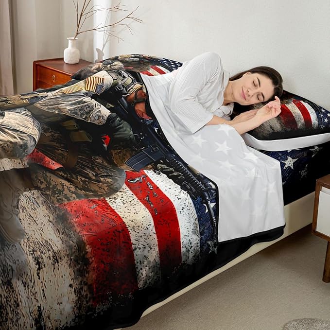 American Flag Sheet Sets for Adult Teens Boys Camo Soldier Flat Sheet Kids Men Vintage Usa Flag Top Sheet Military Camouflage Grunge Stripes Bed Sheet,1 Flat Sheet+1 Fitted Sheet+1 Pillowcase,Twin