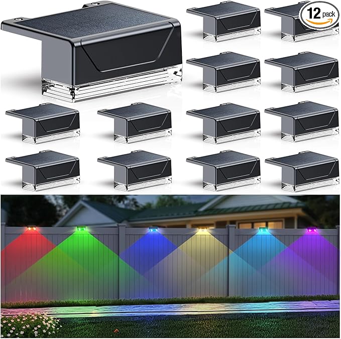 12PK Solar Fence Lights Outdoor Waterproof LED - Warm White & RGB 6 Color, Dusk to Dawn Deck Light, IP65 Waterproof Garden Lights for Outside/Backyard/Railing/Step/Patio/Wall