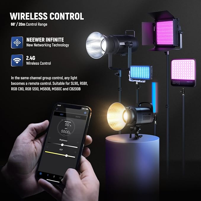 NEEWER CB60B 70W LED Video Light 2.4G/APP Control, Bi Color 2700-6500K 34000Lx CRI97+/12 Scenes/Bowens Mount COB Continuous Output Lighting with Cleaning Cloth for Studio Photography Video Recording