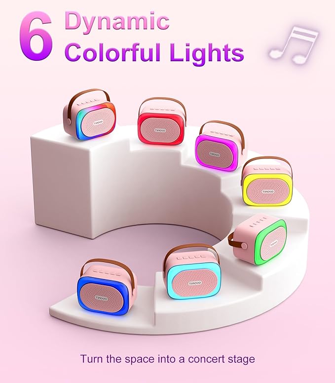 TiMOVO Mini Karaoke Machine, Portable Bluetooth Speaker with 2 Wireless Microphones and LED Lights, Birthday Gifts for Family Home Party, Pink