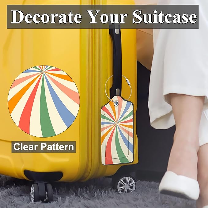 Set of 2 Luggage Tags for Suitcases, Leather Abstract Colorful Twisted Checkered Baggage Tags with Stainless Steel Loop, Privacy Name ID Card Cover Travel Labels for Women Men Kids Girls