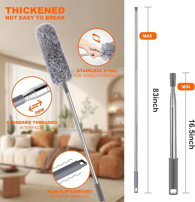 Professional Microfibre Dusters for Cleaning | Duster with Extension 100" | Cobweb Remover Duster Kit with 4 Washable Heads | Bendable Feather Duster for High Ceilings,Fans & Hard-to-Reach Areas,7PCS