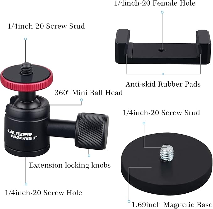 ULIBERMAGNET Magnetic Phone Mount Holder, 360° Rotate with Mini Ball Head Compatible with Smartphone for Cars,Jeep,Boats, Motorcycles