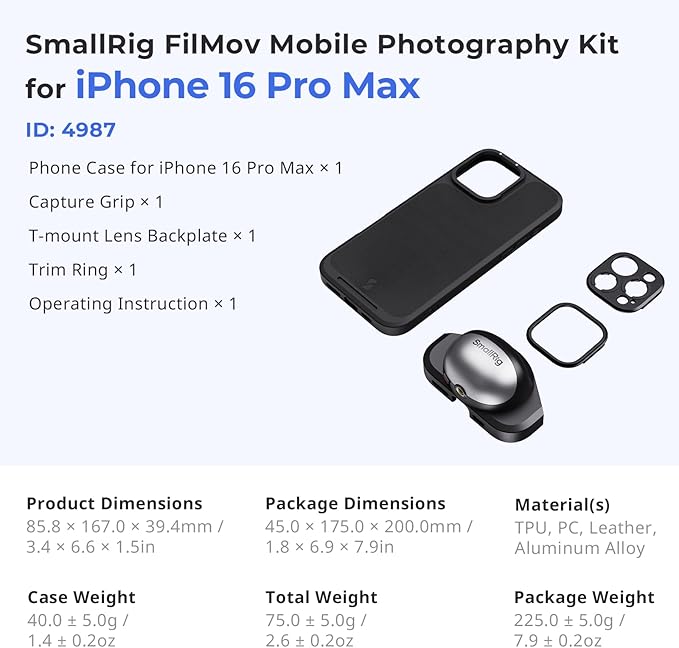SMALLRIG FilMov Phone Case Kit for iPhone 16 Pro Max, Lightweight Phone Photography Case with T-Mount Lens Backplate, Support for MagSafe, Compatible with Phone Lenses and Filters 4987 Black