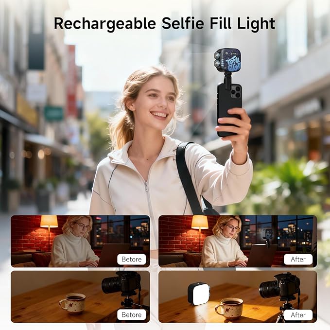 PHOTOOLEX RGB Video Light, Magnetic Small LED Panel Selfie Light w Cold Shoe Mount & Clip & Mini Tripod, 360° Full Color/CRI 96+/21 Scenes/2500-9900K/2000mAh, Portable Recording Photography Lighting