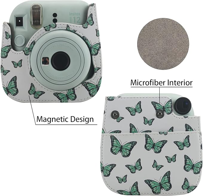 Frankmate Protective Case Compatible with Instax Mini 12 11 9 8 Instant Film Camera with Pocket and Adjustable Strap (Green Butterfly)