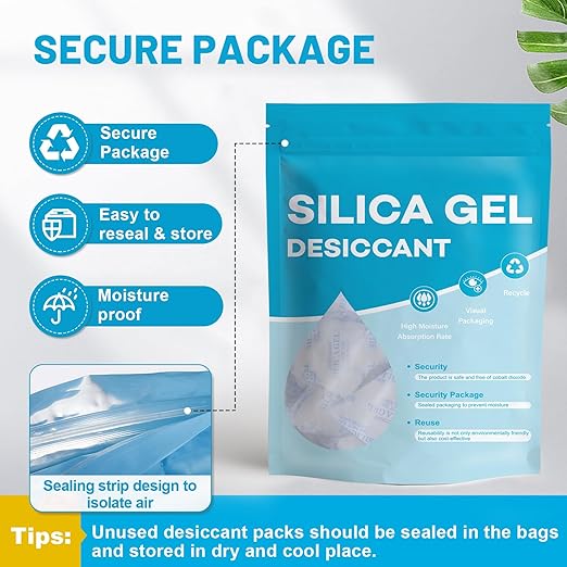 VOISEN 50 Gram 50 Pcs Color-Indicating Silica Gel Packets, Premium Food Grade Desiccant, Transparent Desiccant, Desiccant Packets for Storage, Premium Desiccant Packs for Food, Electronics, Closet