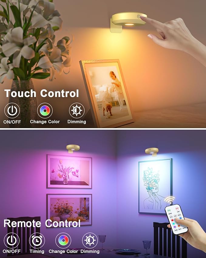 WILLED Poster Lights,Picture Lights RGB,Art Display Lighting for Paintings,Rechargeable Battery Operated for Wall Lights Wireless,Gallery Light 9RGB Colors,Puck Light with Remote