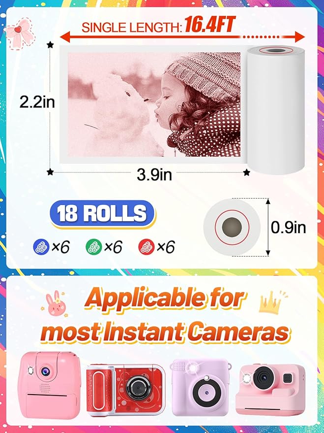 18 Rolls 3-color Kids Camera Paper Roll Refill - Color-Developing Red Green Blue, Thermal Instant Camera Photo Printer for 4 5 6 7 8 9 10 Year Old Girls Boys Birthday Gifts