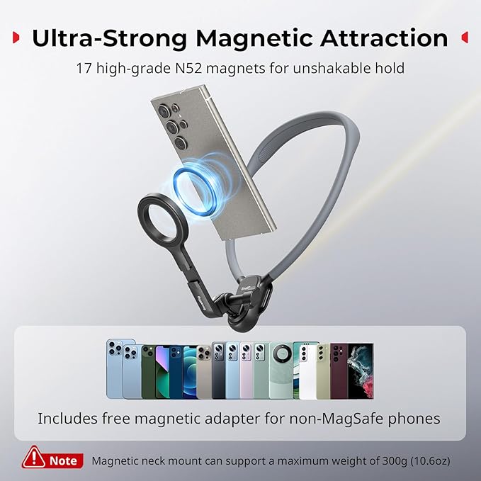 SMALLRIG Magnetic Neck Phone Holder with Chest Strap, Neck Mount for GoPro for DJI Action Camera, Hands Free Phone Holder for POV Recording, for iPhone 17/16/15/14/13/12, Metal Ring for Android - 5127