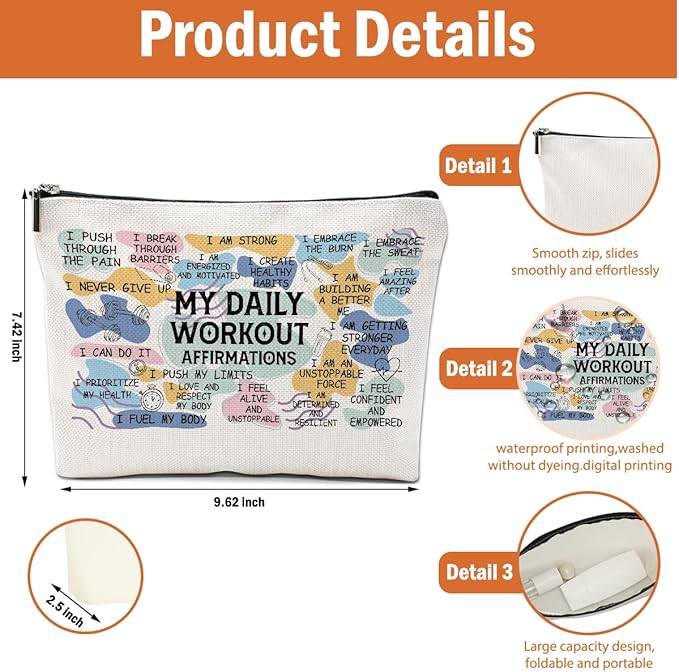2PCS Daily Affirmations for Women Makeup Bag, Workout Gifts Gym Necessities for Women Encouragement Inspirational Mental Health Gym Gifts for Female Coworker Birthday Travel Toiletry Cosmetic Bag