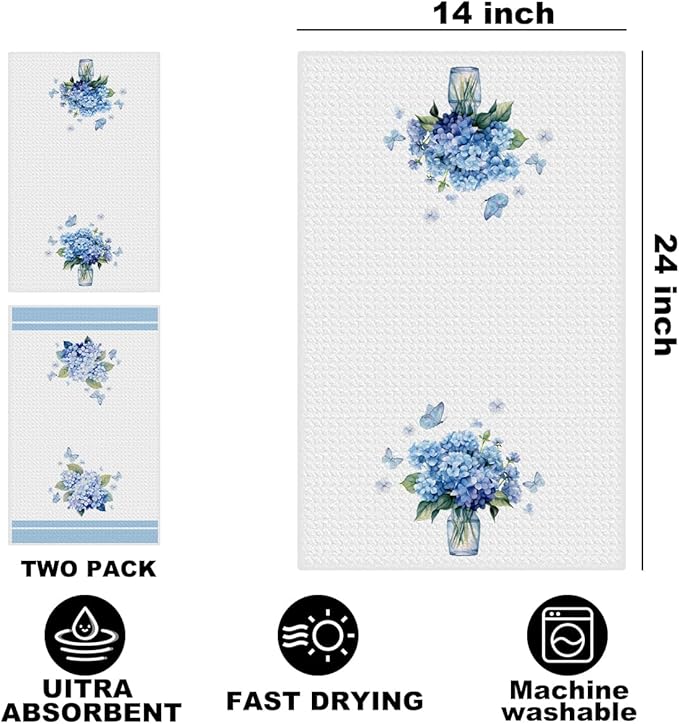 2Pcs Hydrangea Kitchen Towels 24x14 Inch, Spring Summer Flower Waffle Hand Towels for Kitchen Home Decor, White Absorbent Microfiber Dish Cloth Tea Towel, Housewarming Gifts for Women Mom Grandma