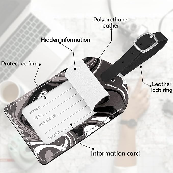 2 Pack Luggage Tag Suitcase Tags PU Leather Identifiers Privacy Cover Luggage Tags Aesthetic Cute Travel Bag Labels for Women Girls Men-Black Fluid