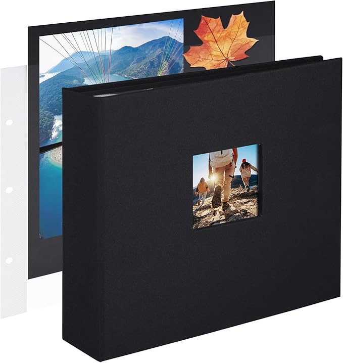 1DOT2 8x8 Inch DIY Small 3 Ring Scrapbook Photo Album Journal with 30 Plastic Sleeves 60 Pages and Fabric Cover for Baby Travel Wedding Couple Anniversary Kids Adventure (Black Cover/Black Pages)