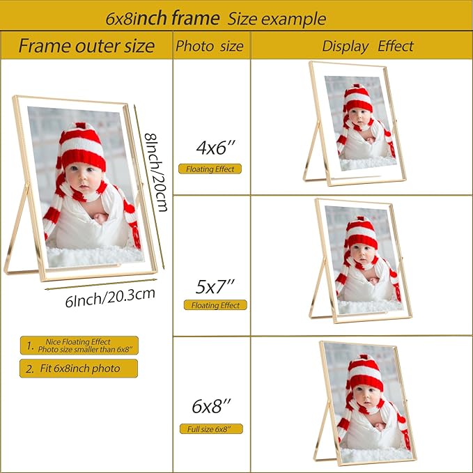 Gold 6x8''Floating Photo Frame Set of 2,For Photo Sizes (3.5x5''4x6''5x7''),Simple Metal beaded floating Picture Frames 5x7'' Gold for Tabletop/Shelf,Classy Gift Choice for Wedding,Thanksgiving