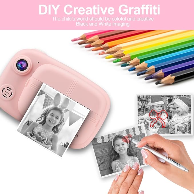 Kids Instant Camera, Mijiaowatch 12MP/1080P Kids Digital Print Camera, 3.5 Inch Print Cameras for Kids with Print Paper 32GB TF Card, Video Photo Recorder 3 in 1 Gift for Girls Boys Ages 3-14 (Pink)