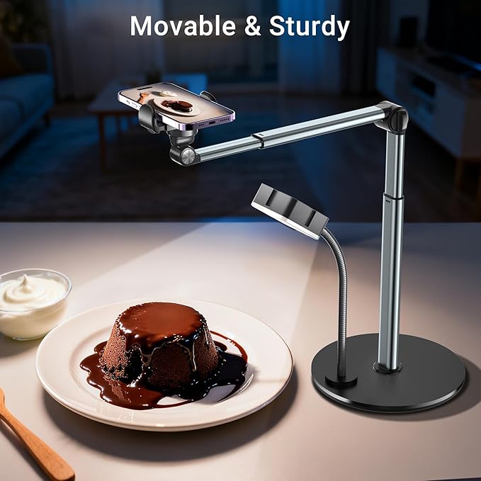 Overhead Phone Mount with Rechargeable Light for iPhone, Table Tripod for Content Creators, Portable Phone Camera Stand for Cooking, Video Recording, Filming, Nail Techs