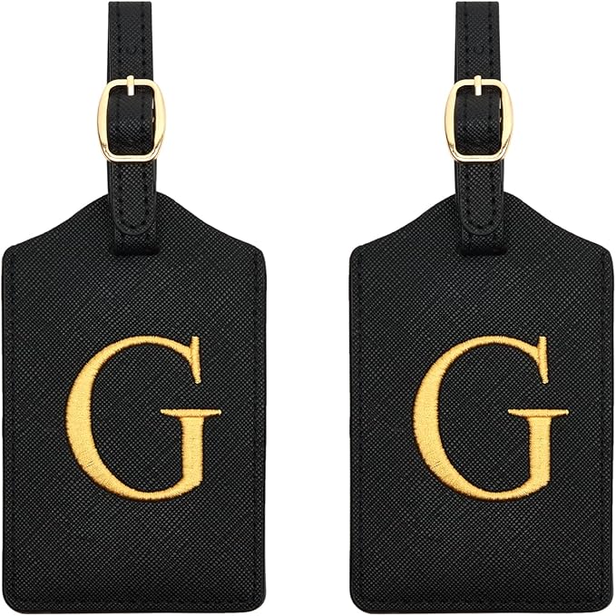 2 Pcs Initial Monogrammed PU Leather Embroidered Luggage Tags for Suitcases & Bags (G)