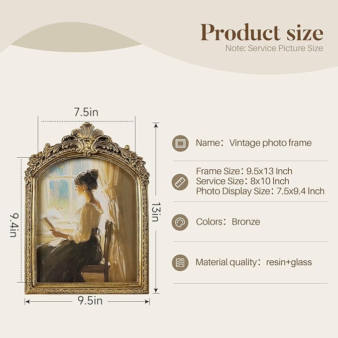 Cuspin 8x10 Picture Frame Vintage Gold Frames, Antique Gold Ornate Resin Photo Frame with Glass Front for Tabletop and Wall Mounting, 8 by 10 Arched Picture Frame for Home Decor