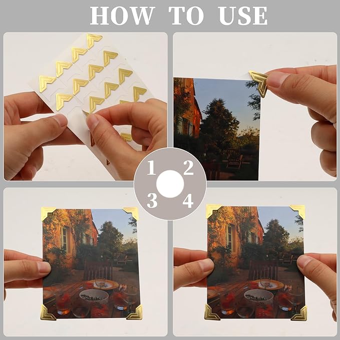 240 Pieces Photo Corners for Scrapbooking, Gold Photo Corner Stickers, Self-Adhesive Photo Mounting Corners for DIY Scrapbook Photo Album Diary, 10 Sheets