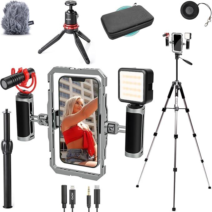 Movo iFilmer-PRO Smartphone Video Rig Kit – Stabilizer Cage with Dual Grips, VXR10 Shotgun Microphone, LED Light, & Tripod for iPhone/Android