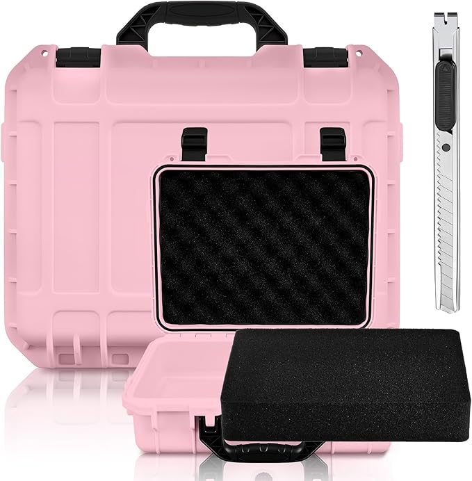 Relaxweex 1 Pcs 16.3 x 12.4 x 6.5 Inch Waterproof Hard Case with DIY Customizable Foam Insert Portable Protective Case with Knife for Camera Drones Equipments Tools Test Instruments (Pink)