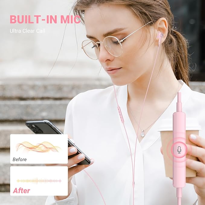 USB C Headphones for iPhone 17 Air 16 Pro Max 15, Type C Earphones with Microphone Magnet HiFi Stereo Wired Earbuds for Samsung Galaxy S26 S25 Ultra S24+ 23 A17 S21 S20 FE Flip 7 6 5/Pixel 10, Pink