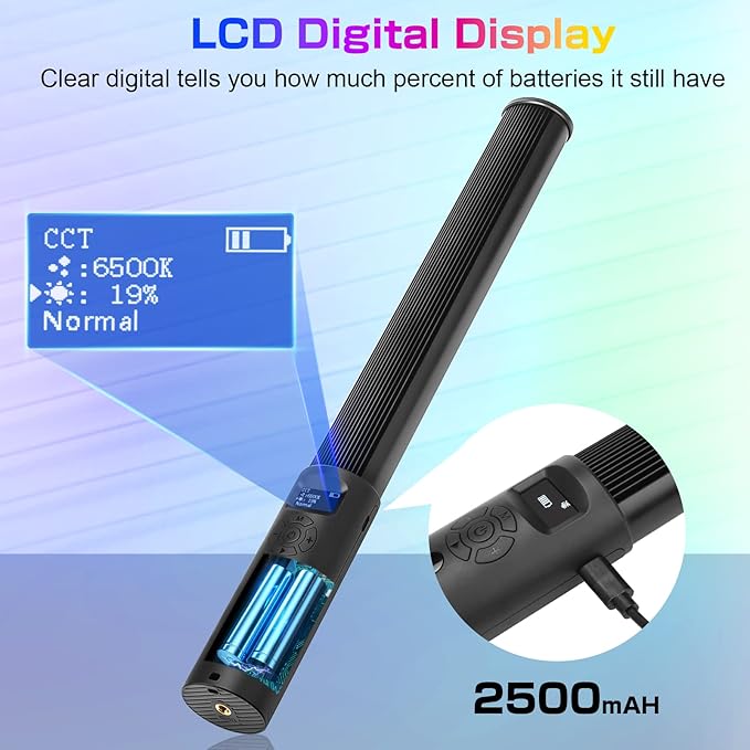 RGB Video Light Wand, Handheld Multi Color LED Tube Light Stick with Remote Control, Dimmable 2500K-6500K CRI97+ Full-Color LED Light with 2500mAh Rechargeable Battery, 12 Light Scenes