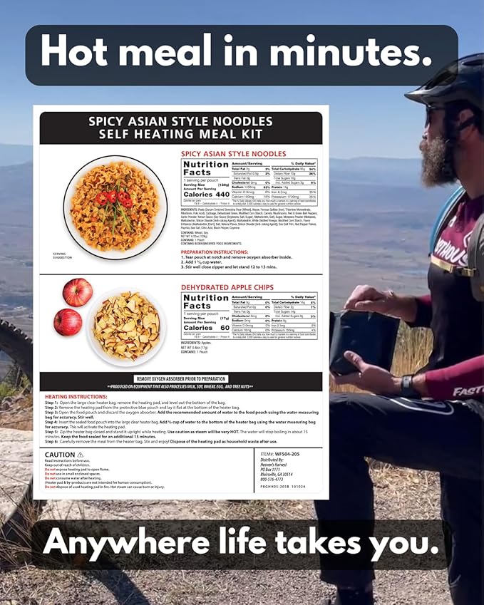 Heaven's Harvest Self-Heating Emergency Meal Kit (10 Year Shelf Life) — Tastier than MRE Meals & Ready-To-Eat in Minutes! Just add water to activate the “cooking” process. (Spicy Noodles) (Single)