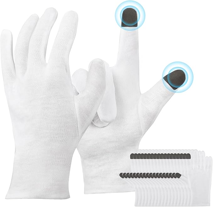 ENPOINT Large Touch Screen Gloves - 10 Pairs White Cotton Gloves for Art Handling, Jewelry, Coin Handling, Photography, for Dry Hands Sleeping, with Pack of 40 Touch Screen Stickers