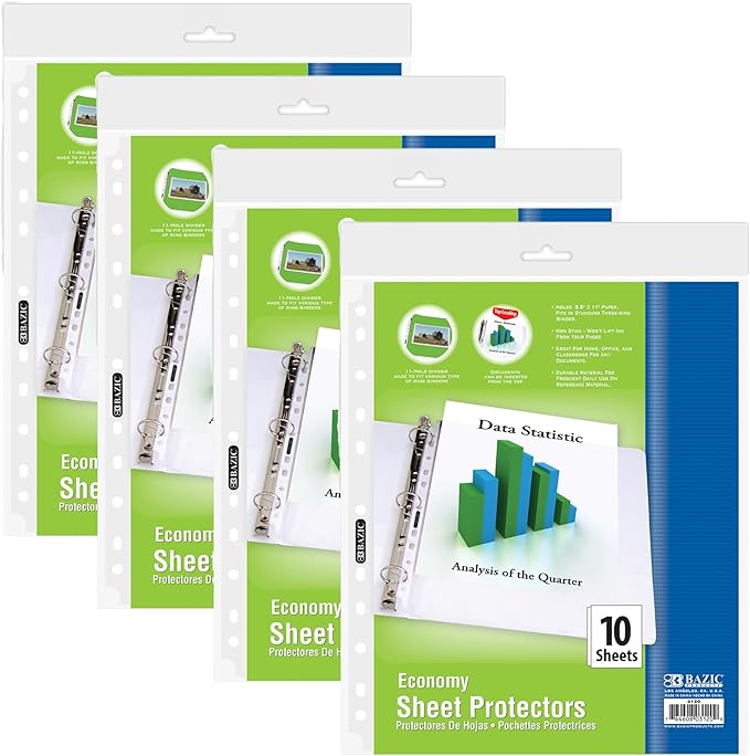 BAZIC Products Sheet Protectors Economy, Fit 8.5x11 Inch Paper, 11 Hole Clear Plastic Sleeves Ring Binder Sheets, Archival Safe (10/Pack), 4-Packs
