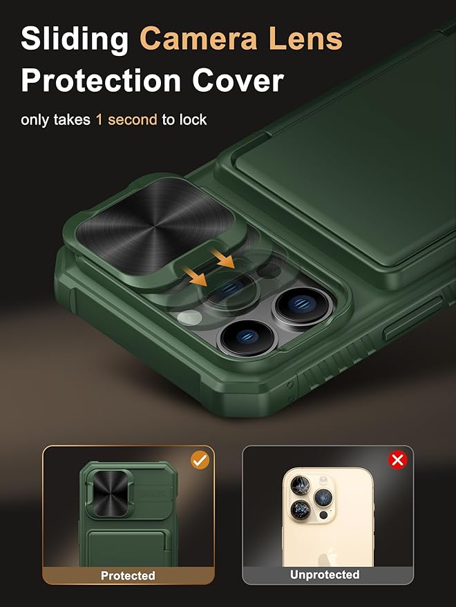 Vihibii for iPhone 13 Pro Wallet Case with Card Holder (4 Cards), [RFID Blocking] & Slide Camera Cover & Raised Edges Protect Screen, Shockproof Rugged Phone Cover for iPhone 13 Pro, 6.1", Green