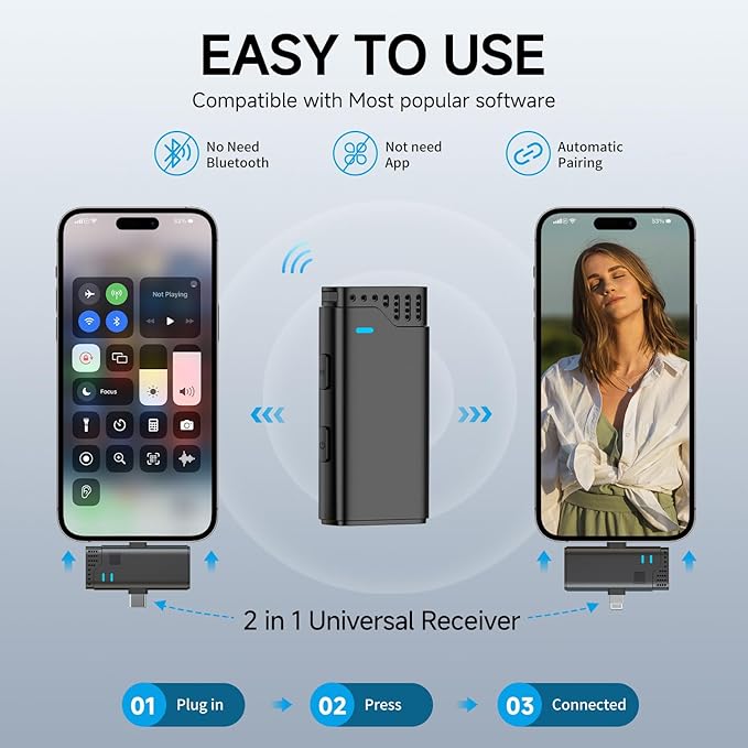 2 in 1 Professional Wireless Lavalier Microphone for Android, iPhone iPad with Charging Case Noise Cancellation Plug-Play Clip on Lapel Mic for YouTube, Recording, Vlog, Facebook Live Streaming