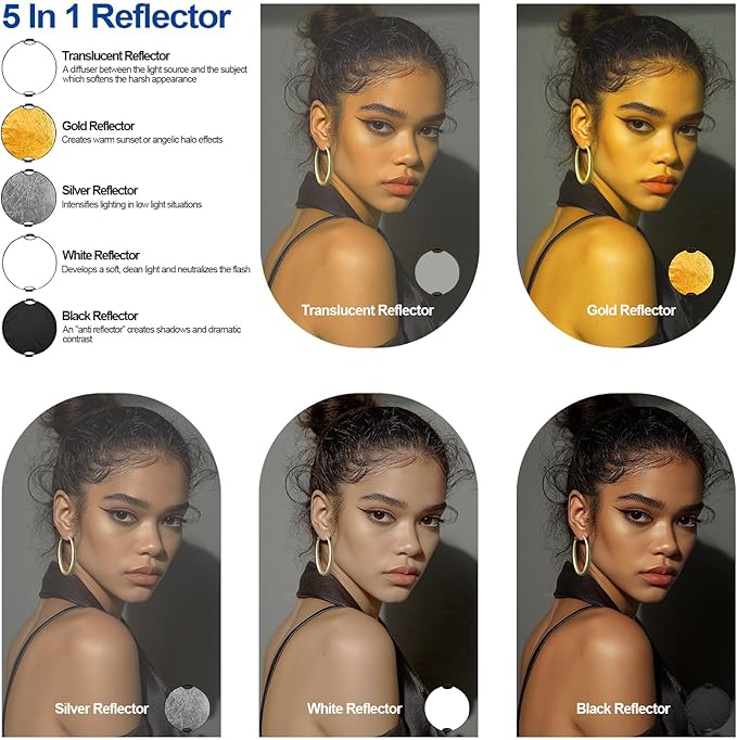 WELLMAKING 32''(80cm) Photography Reflector Dual Handle Collapsible 5-in-1 with Tilt Adapter Reflector, White Portable Stand and Pouch for Studio & Outdoor Lighting-Translucent,Silver,Gold,White&Black