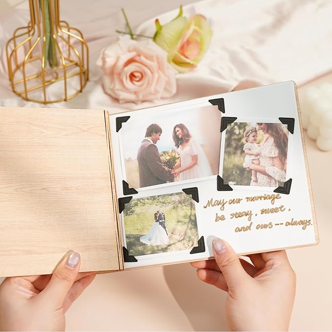 Custom Wedding Scrapbook Album, Personalized Wooden Wedding Photo Albums Carved Flowers and Engraved Names, Anniversary Memory Birthday Engagement Keepsake Gifts
