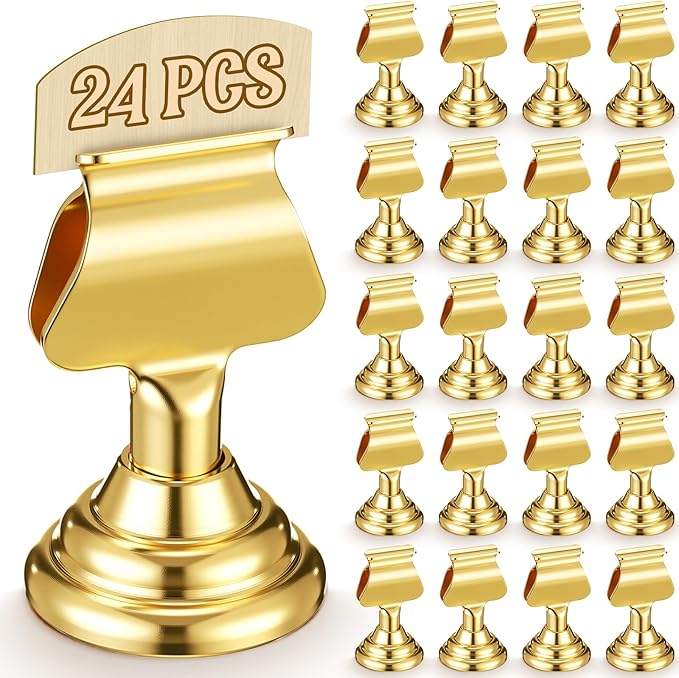 Kathfly 24 Pcs Metal Table Number Holders 1.7 Inch Gold Mini Place Card Holders Bulk Harp-clip Table Sign Stands Card Holder Display Picture Memo Notes Menu for Weddings Restaurants Birthday Decor