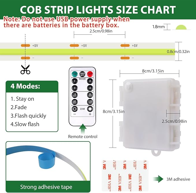 Green COB LED Strip Lights Battery Powered with Remote, 6.56FT 640LED Light Strip Dimmable Cuttable Flexible Wireless LED Tape Light for Cabinet, Boat, Car, Computer, TV backlighting, Holidays Party