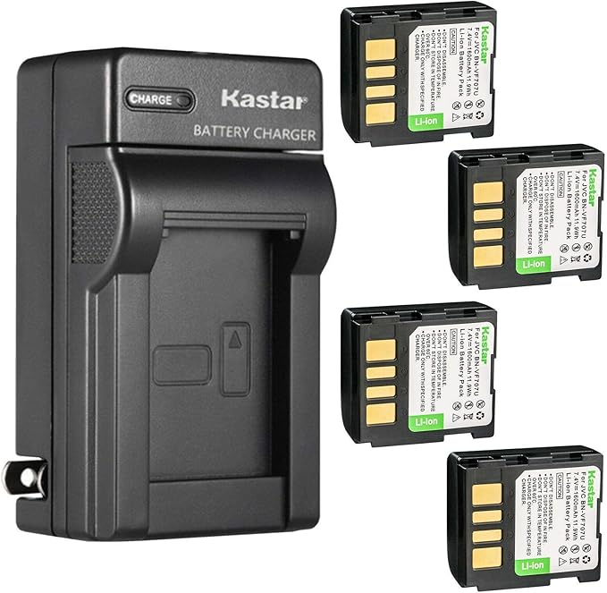 Kastar 4-Pack BN-VF707U Battery and AC Wall Charger Replacement for JVC BN-VF707U BN-VF707UE BN-VF707US BN-VF714U BN-VF714UE BN-VF714US BN-VF733U BN-VF733UE BN-VF733US Battery, AA-VF7 AA-VF7U Charger