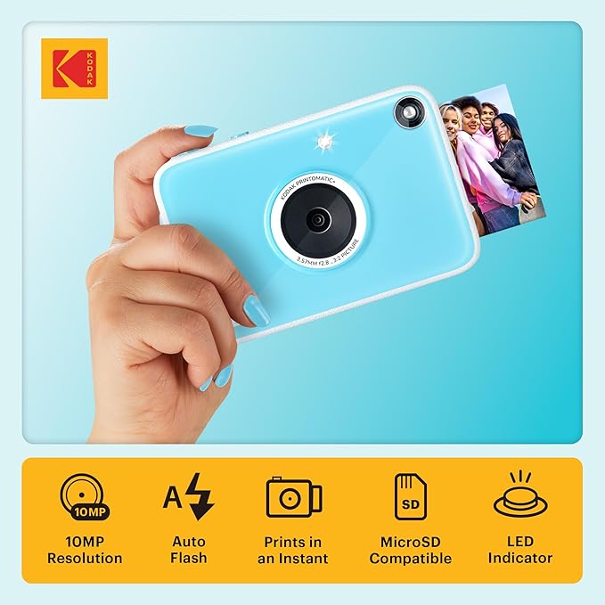 Kodak Printomatic+ Instant Print Digital Camera (Blue) 10MP Portable Camera with Interactive RGB LED Status Indicator, Prints Full-Color Photos on Zink 2x3” Sticky-Backed Photo Paper - Easy & Fun