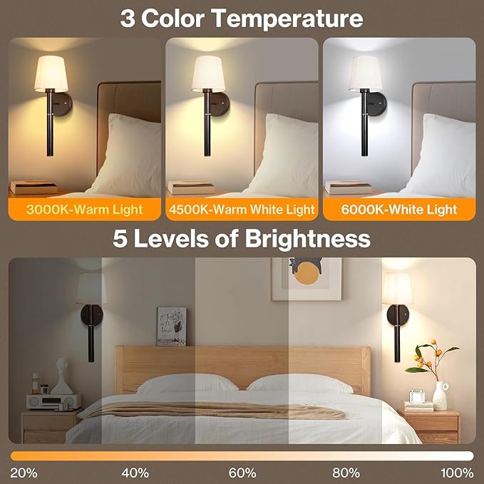 Battery Operated Wall Sconce Set of 2, 5200mAh Wireless Wall Lights with Detachable Charging Stick & Dimmable Bulbs, 3 Colors Rechargeable Wall Lamps for Bedroom Living Room Hallway Decor, Black